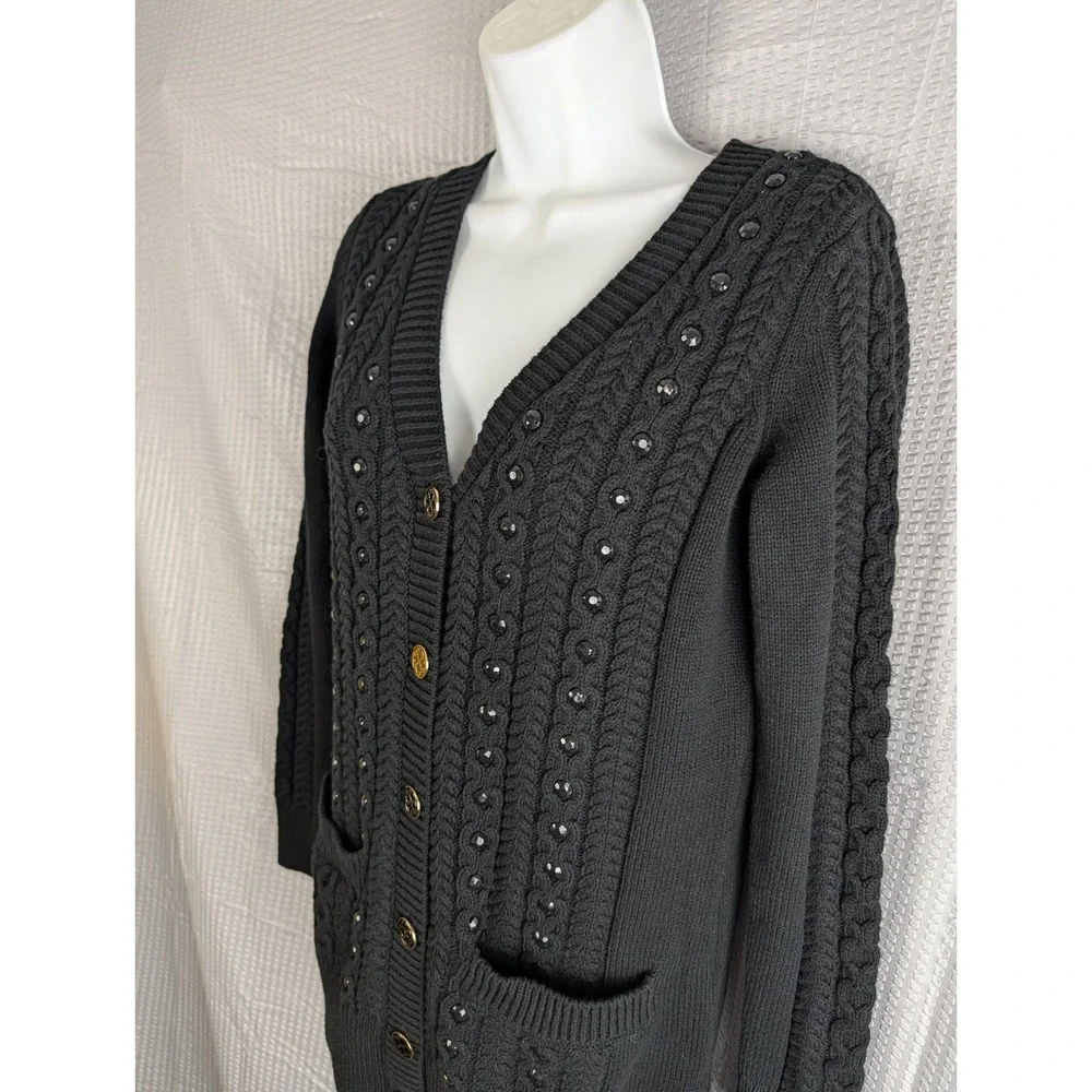 C Wonder Black Cable Knit Studded Cardigan Sweater XXS Gold Buttons Pockets - Picture 3 of 13
